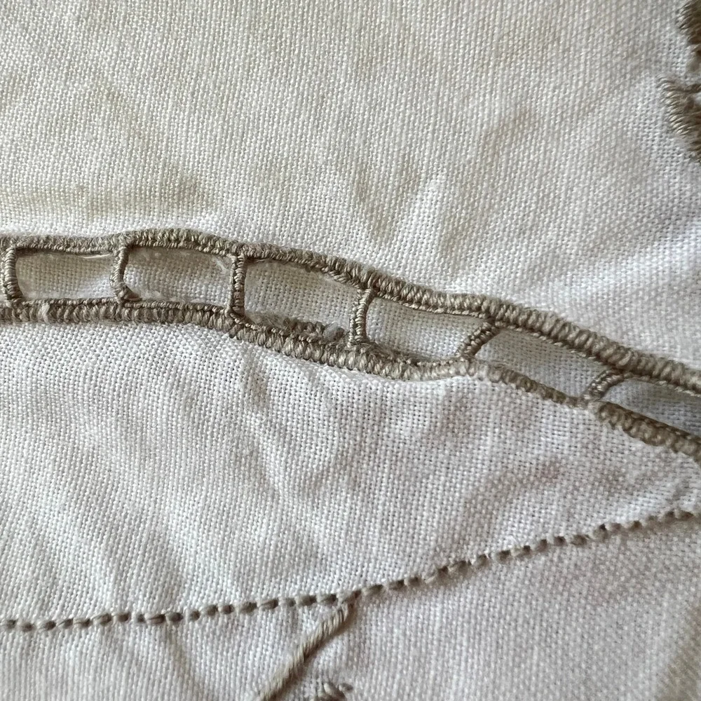Vintage Antique Hand Embroidered White Linen Tablecloth Scalloped Cutwork Floral